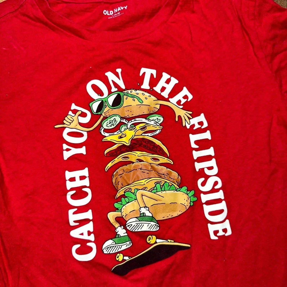 Old Navy Tee Boys Large Red Catch You On‎ The Flipside Burger Graphic Pullover